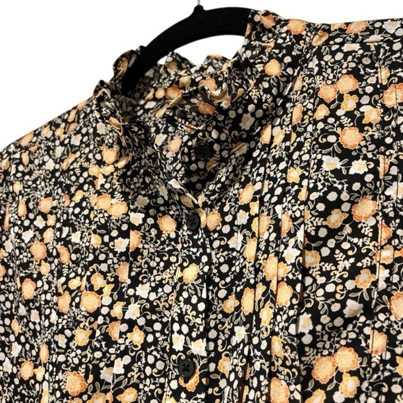 Nili Lotan Pleated Floral Balloon Sleeve Button Down High Neck Blouse M Black - Picture 3 of 9